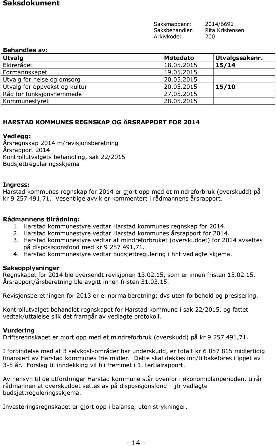 m/revisjonsberetning Årsrapport 2014 Kontrollutvalgets behandling, sak 22/2015 Budsjettreguleringsskjema Ingress: Harstad kommunes regnskap for 2014 er gjort opp med et mindreforbruk (overskudd) på