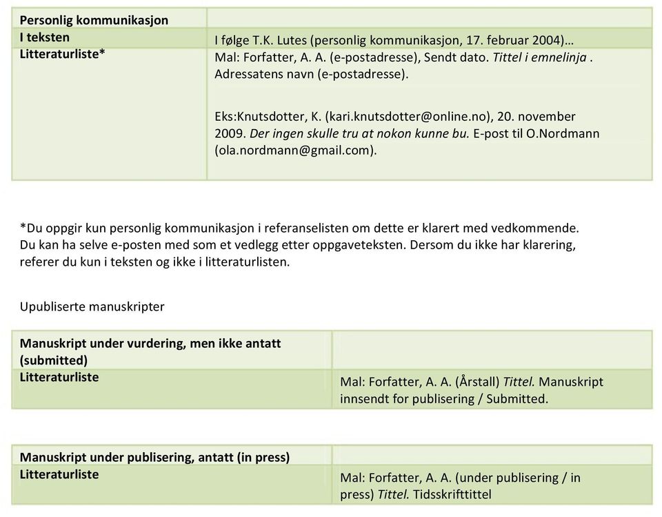 *Du oppgir kun personlig kommunikasjon i referanselisten om dette er klarert med vedkommende. Du kan ha selve e- posten med som et vedlegg etter oppgaveteksten.