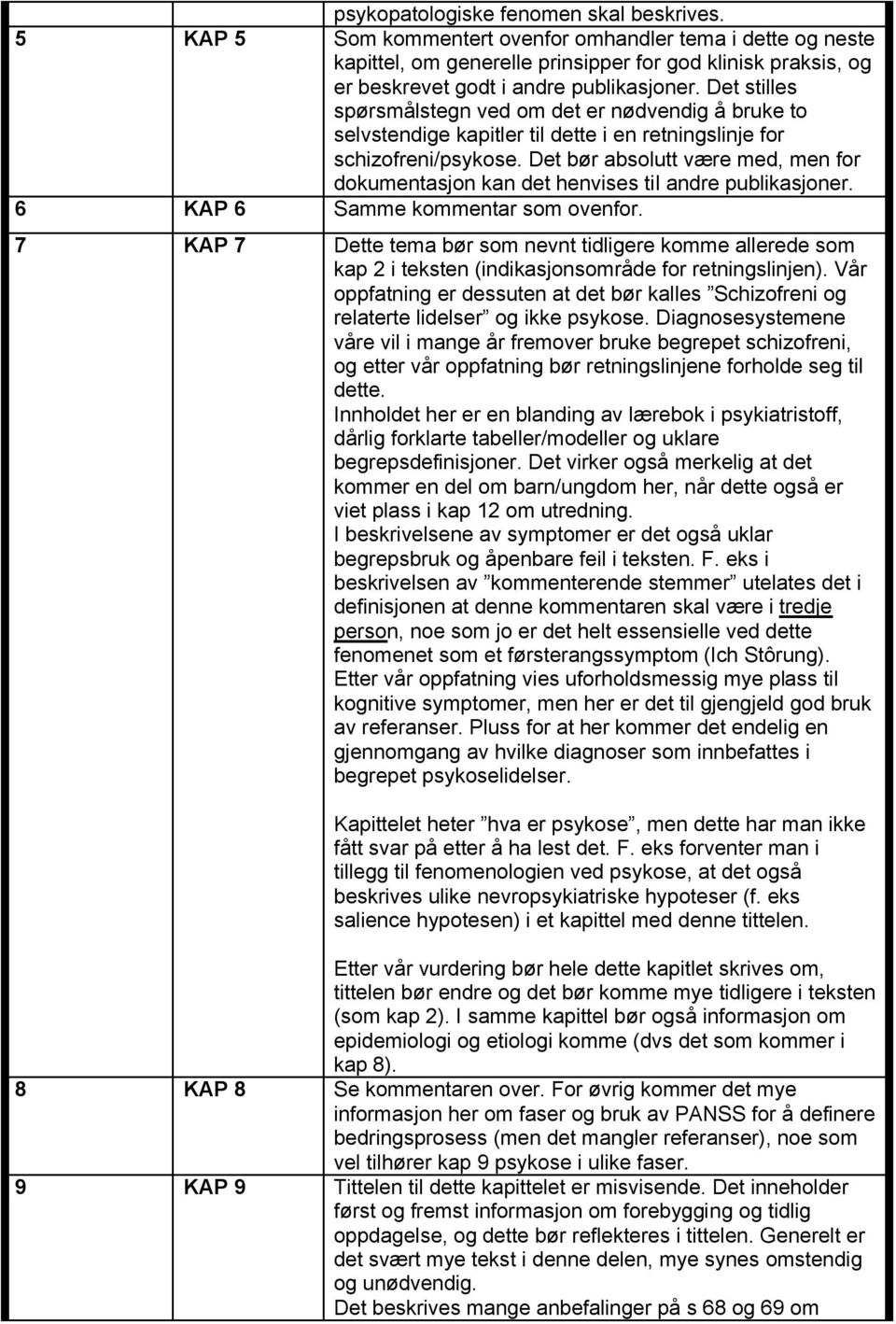 Det stilles spørsmålstegn ved om det er nødvendig å bruke to selvstendige kapitler til dette i en retningslinje for schizofreni/psykose.