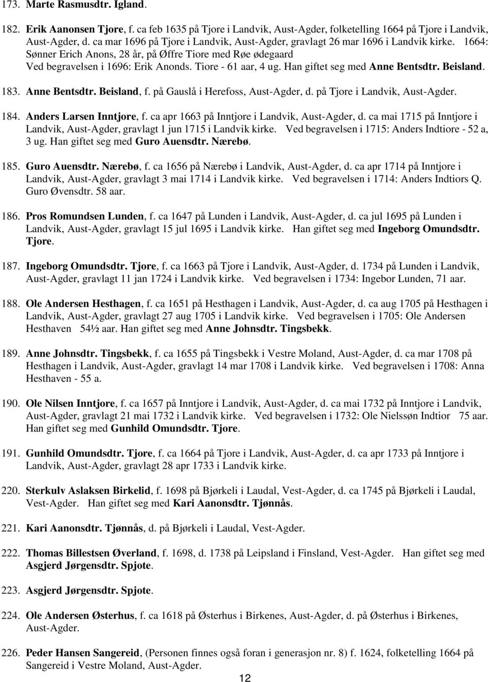 Tiore - 61 aar, 4 ug. Han giftet seg med Anne Bentsdtr. Beisland. 183. Anne Bentsdtr. Beisland, f. på Gauslå i Herefoss, Aust-Agder, d. på Tjore i Landvik, 184. Anders Larsen Inntjore, f.