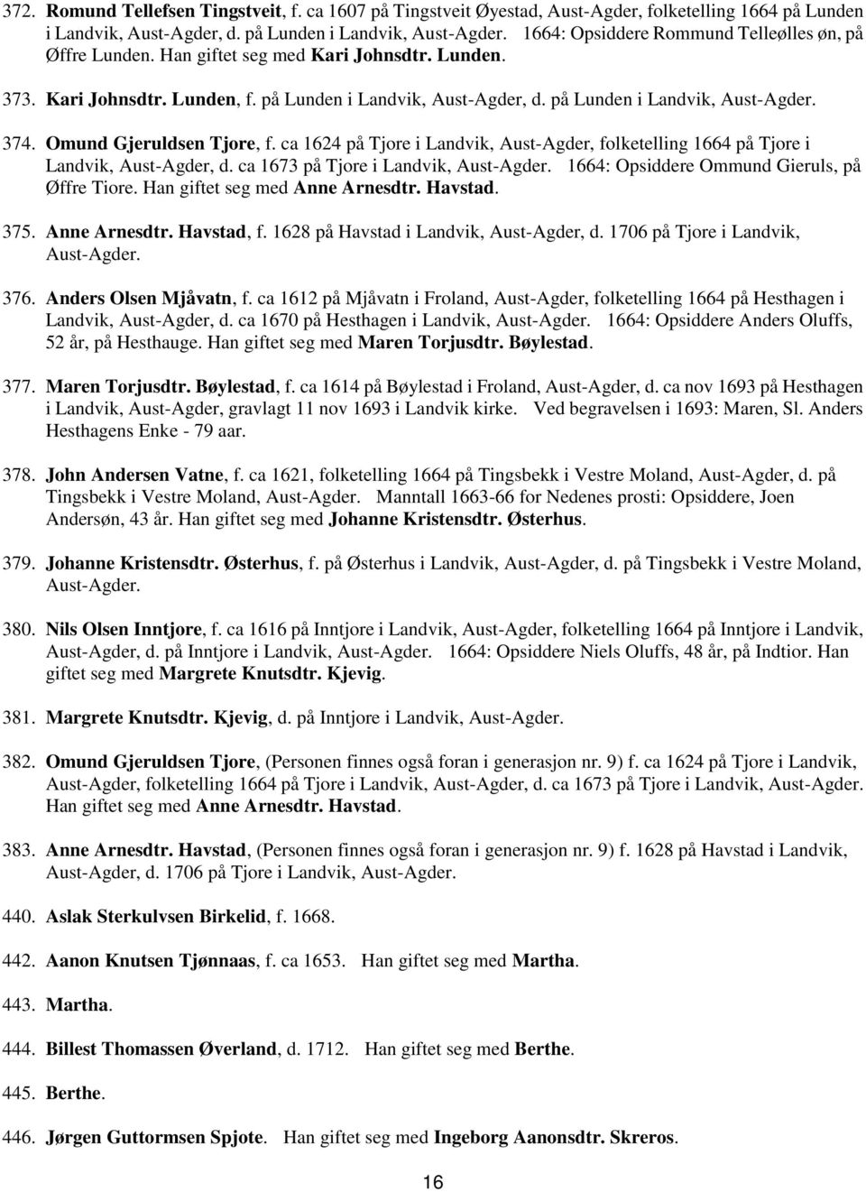 på Lunden i Landvik, 374. Omund Gjeruldsen Tjore, f. ca 1624 på Tjore i Landvik, Aust-Agder, folketelling 1664 på Tjore i Landvik, Aust-Agder, d.