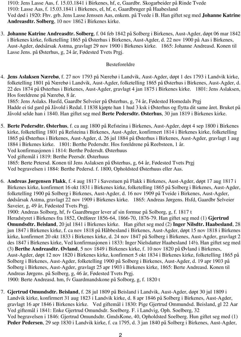 04 feb 1842 på Solberg i Birkenes, Aust-Agder, døpt 06 mar 1842 i Birkenes kirke, folketelling 1865 på Østerhus i Birkenes, Aust-Agder, d.