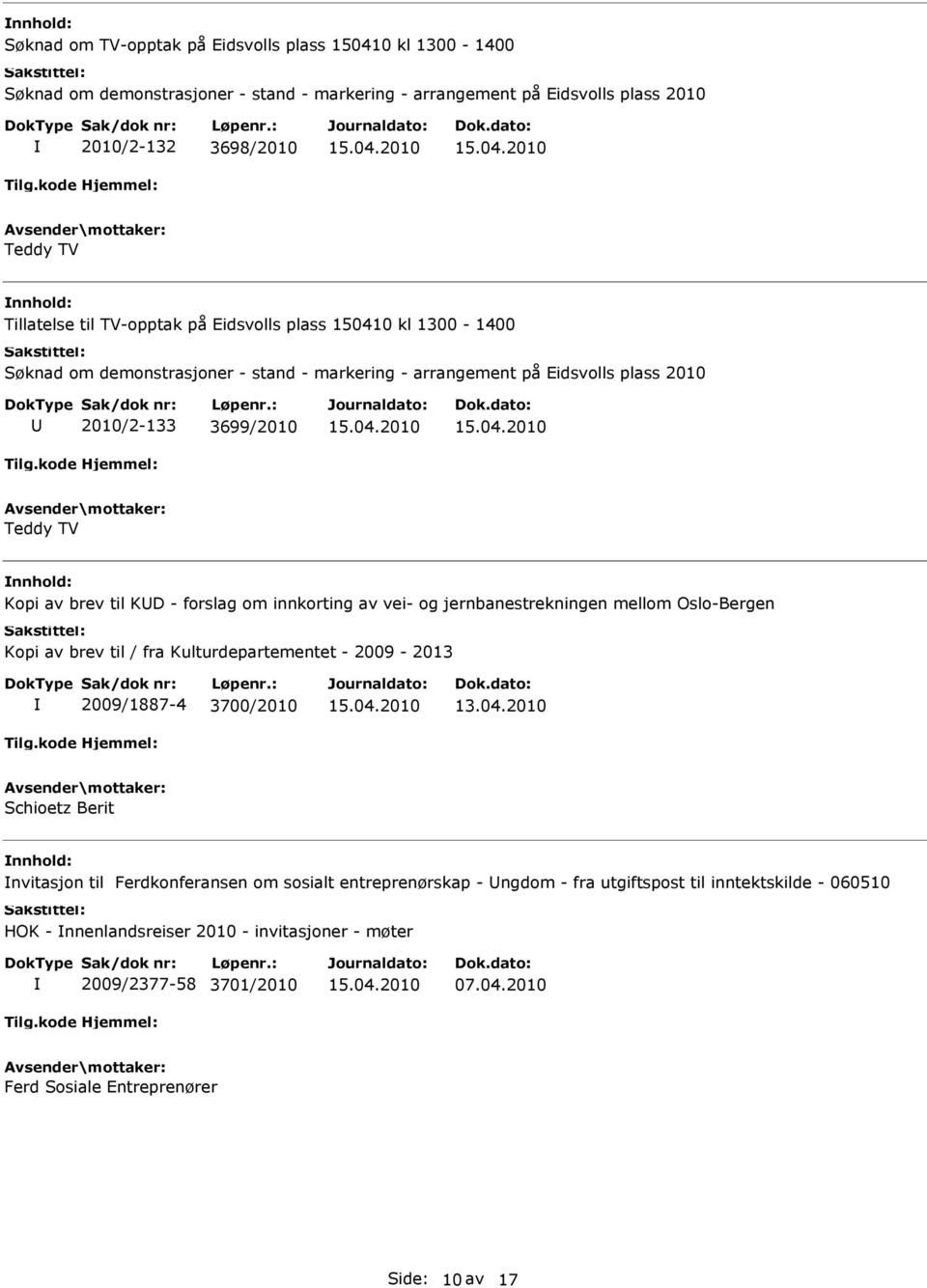 innkorting av vei- og jernbanestrekningen mellom Oslo-Bergen Kopi av brev til / fra Kulturdepartementet - 2009-2013 2009/1887-4 3700/2010 13.04.