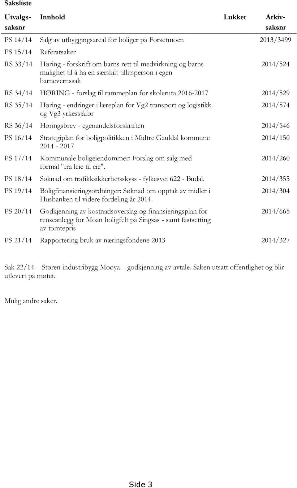 Vg2 transport og logistikk og Vg3 yrkessjåfør 2014/574 RS 36/14 Høringsbrev - egenandelsforskriften 2014/546 PS 16/14 PS 17/14 Strategiplan for boligpolitikken i Midtre Gauldal kommune 2014-2017