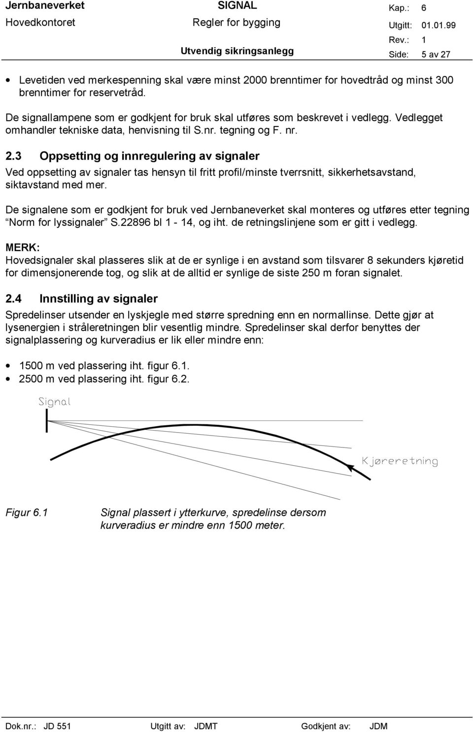 3 Oppsetting og innregulering av signaler Ved oppsetting av signaler tas hensyn til fritt profil/minste tverrsnitt, sikkerhetsavstand, siktavstand med mer.