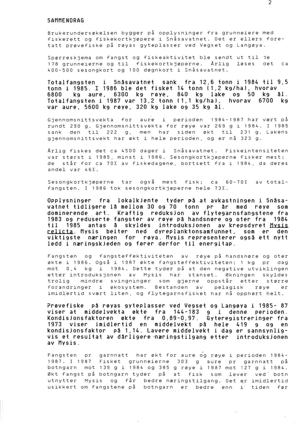 je det ca Totalfangsten i Snasavatnet sank fra 12,6 tonn i 1984 til 9,5 tonn i 1985. I 1986 ble det fisket 14 tonn (1,2 kg/hal, hvorav 6800 kg aure, 6300 kg røye, 840 kg lake og 50 kg al.