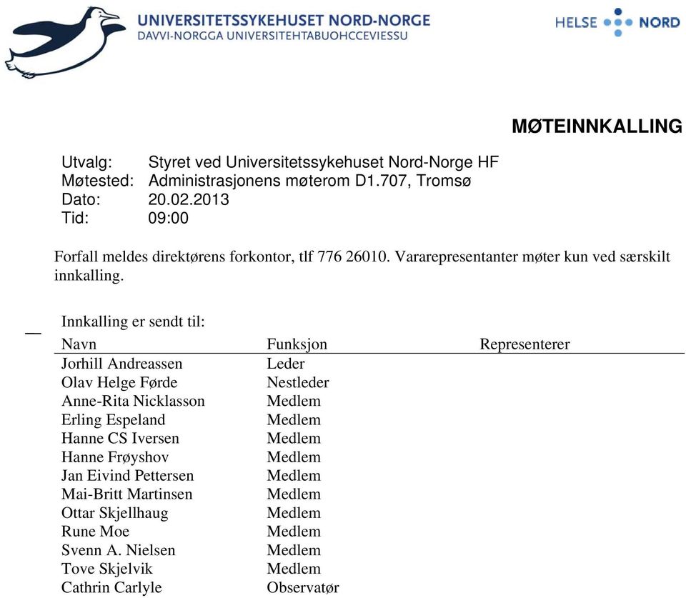 Innkalling er sendt til: Navn Funksjon Representerer Jorhill Andreassen Leder Olav Helge Førde Nestleder Anne-Rita Nicklasson Medlem Erling Espeland Medlem