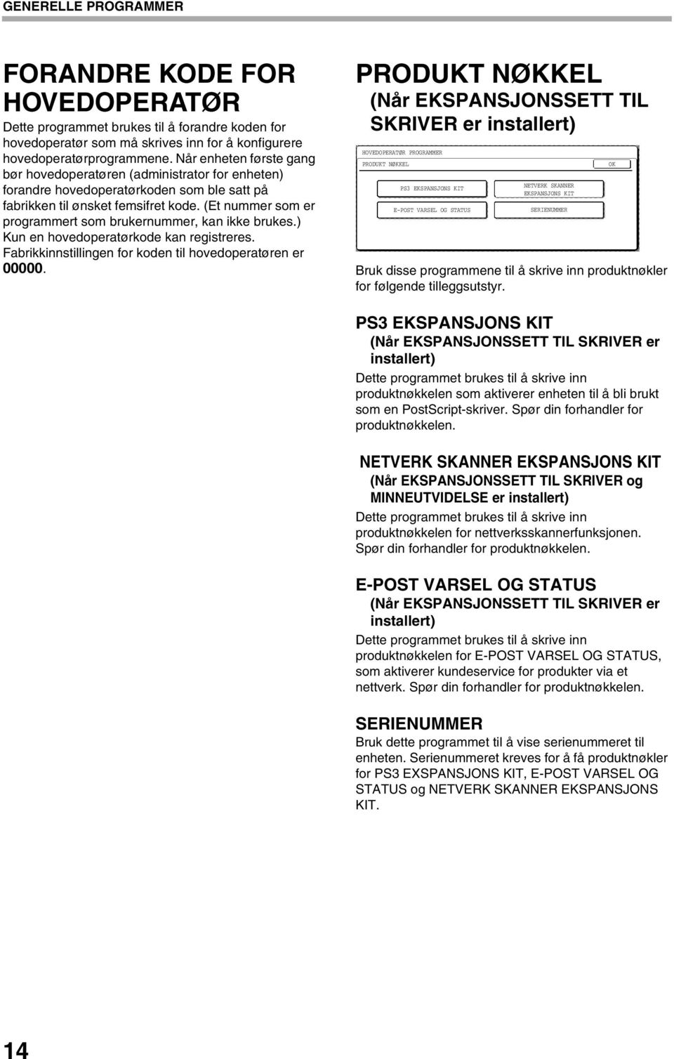 (Et nummer som er programmert som brukernummer, kan ikke brukes.) Kun en hovedoperatørkode kan registreres. Fabrikkinnstillingen for koden til hovedoperatøren er 00000.