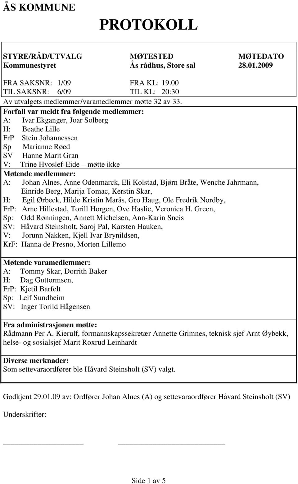 Forfall var meldt fra følgende medlemmer: A: Ivar Ekganger, Joar Solberg H: Beathe Lille FrP Stein Johannessen Sp Marianne Røed SV Hanne Marit Gran V: Trine Hvoslef-Eide møtte ikke Møtende medlemmer: