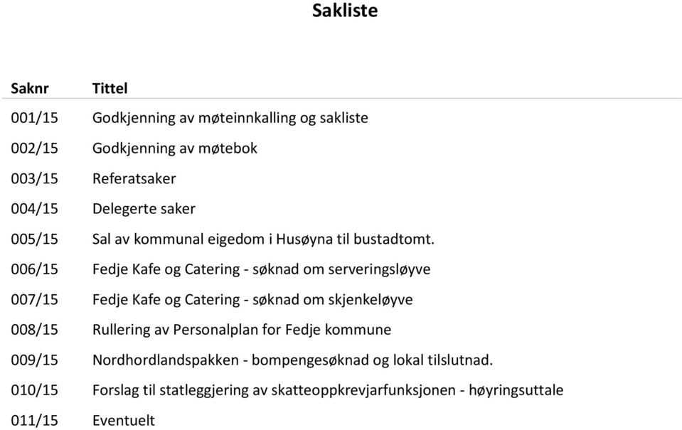 006/15 Fedje Kafe og Catering - søknad om serveringsløyve 007/15 Fedje Kafe og Catering - søknad om skjenkeløyve 008/15 Rullering