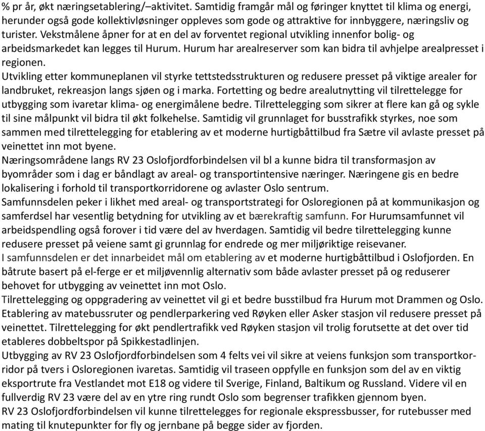 Vekstmålene åpner for at en del av forventet regional utvikling innenfor bolig- og arbeidsmarkedet kan legges til Hurum. Hurum har arealreserver som kan bidra til avhjelpe arealpresset i regionen.