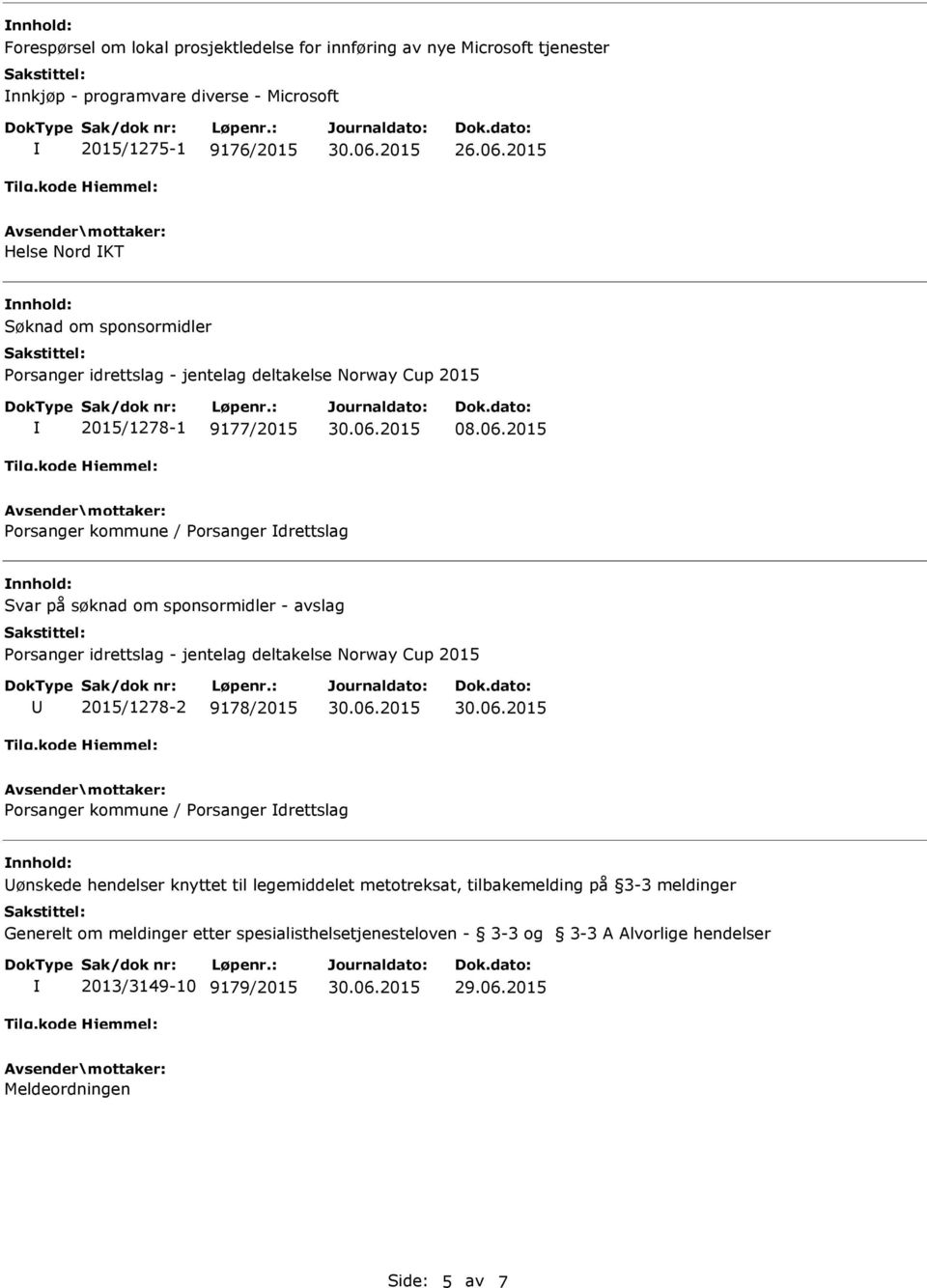 2015 Porsanger kommune / Porsanger drettslag Svar på søknad om sponsormidler - avslag Porsanger idrettslag - jentelag deltakelse Norway Cup 2015 2015/1278-2 9178/2015 Porsanger