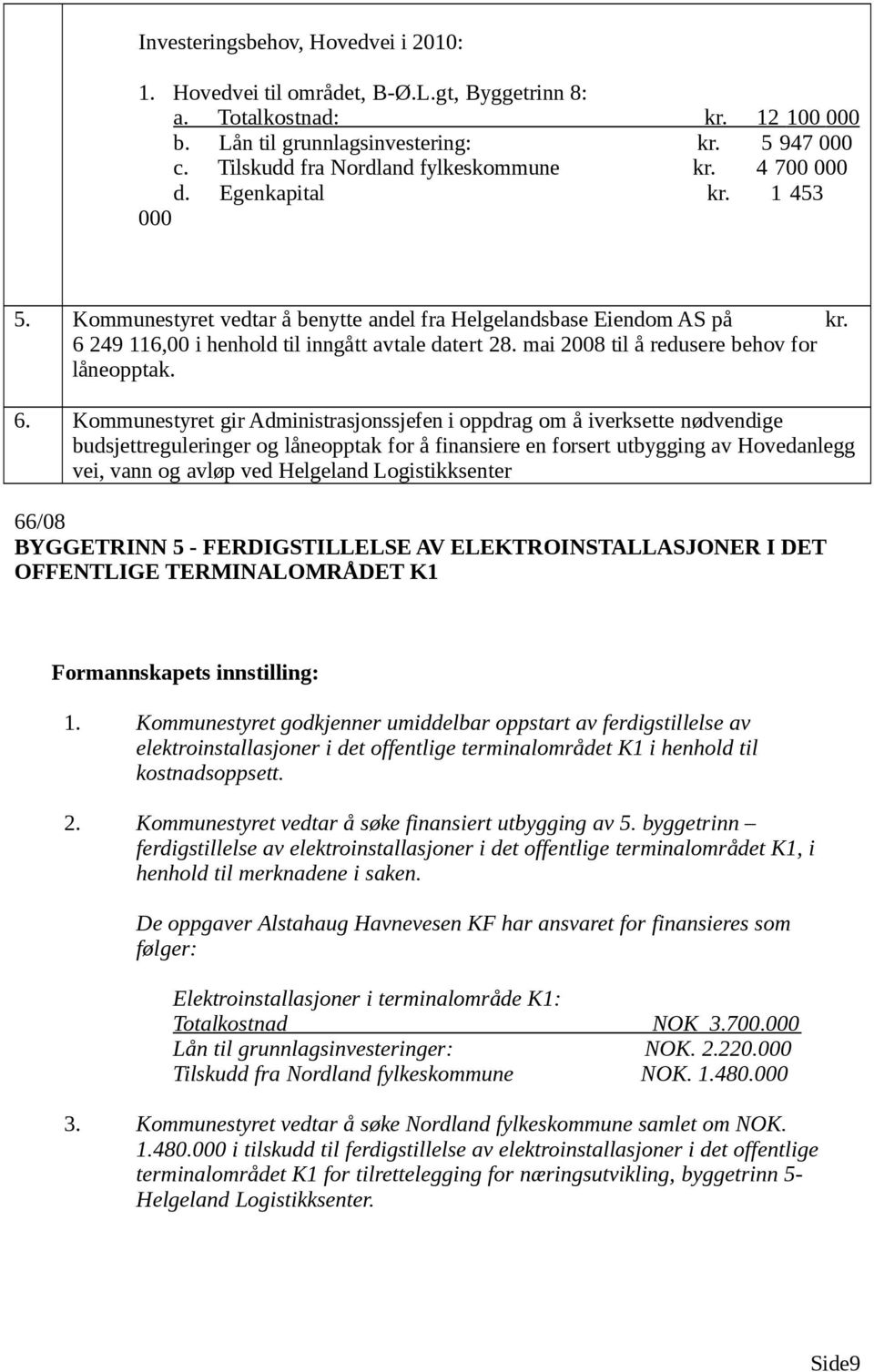 6 249 116,00 i henhold til inngått avtale datert 28. mai 2008 til å redusere behov for låneopptak. 6.