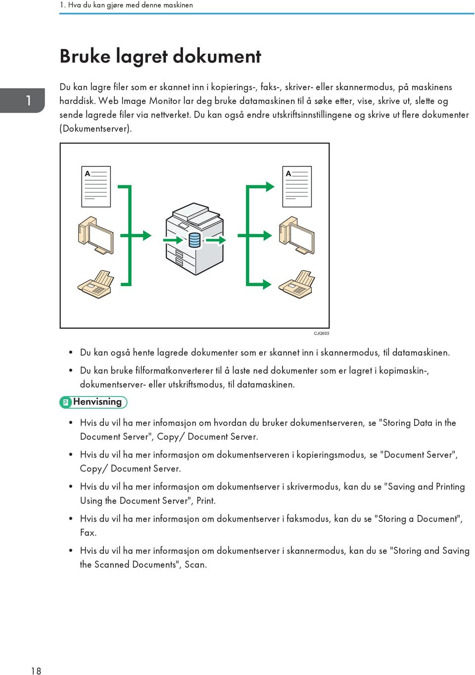 Du kan også endre utskriftsinnstillingene og skrive ut flere dokumenter (Dokumentserver). CJQ603 Du kan også hente lagrede dokumenter som er skannet inn i skannermodus, til datamaskinen.