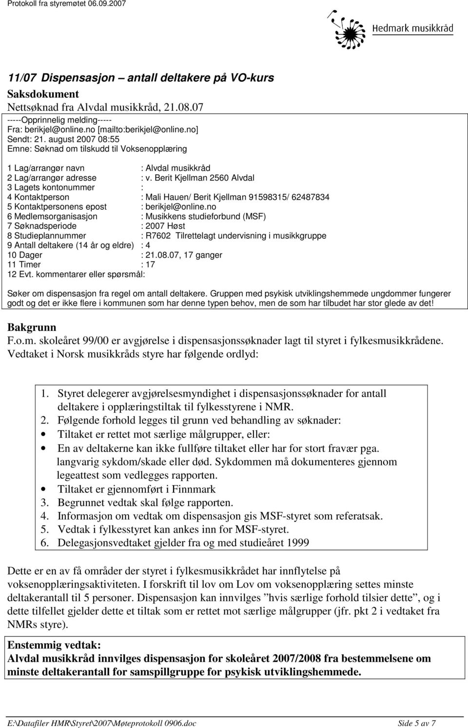 Berit Kjellman 2560 Alvdal 3 Lagets kontonummer : 4 Kontaktperson : Mali Hauen/ Berit Kjellman 91598315/ 62487834 5 Kontaktpersonens epost : berikjel@online.