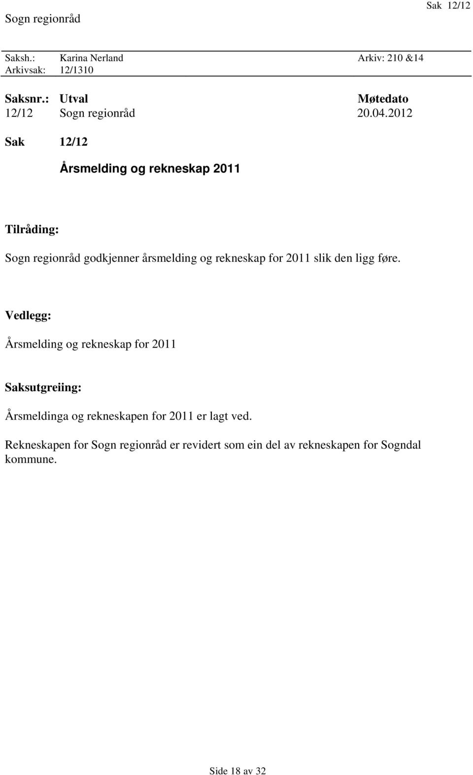 2012 Sak 12/12 Årsmelding og rekneskap 2011 Tilråding: Sogn regionråd godkjenner årsmelding og rekneskap for 2011 slik