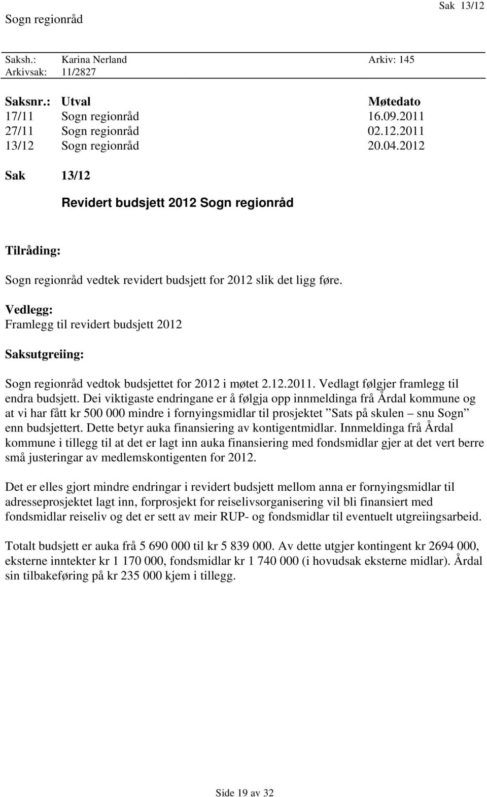 Vedlegg: Framlegg til revidert budsjett 2012 Saksutgreiing: Sogn regionråd vedtok budsjettet for 2012 i møtet 2.12.2011. Vedlagt følgjer framlegg til endra budsjett.