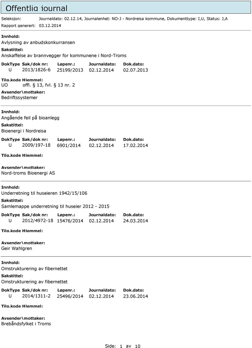 2014 Avlysning av anbudskonkurransen Anskaffelse av brannvegger for kommunene i Nord-Troms O 2013/1826-6 25199/2013 offl. 13, fvl. 13 nr. 2 Bedriftssystemer 02.07.