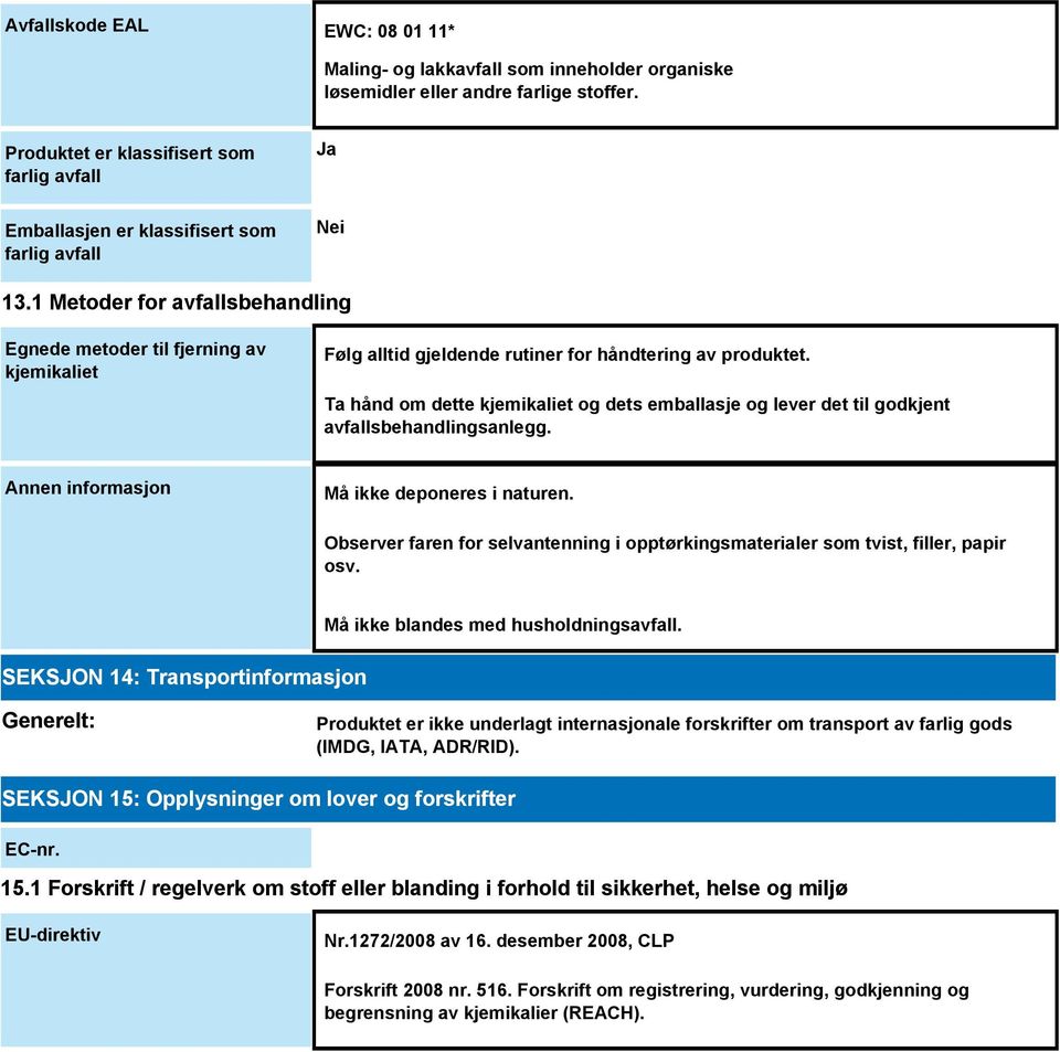 1 Metoder for avfallsbehandling Egnede metoder til fjerning av kjemikaliet Følg alltid gjeldende rutiner for håndtering av produktet.