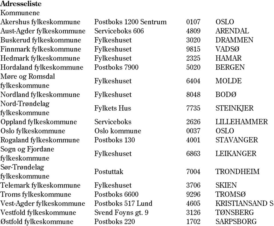 fylkeskommune Fylkeshuset 8048 BODØ Nord-Trøndelag fylkeskommune Fylkets Hus 7735 STEINKJER Oppland fylkeskommune Serviceboks 2626 LILLEHAMMER Oslo fylkeskommune Oslo kommune 0037 OSLO Rogaland