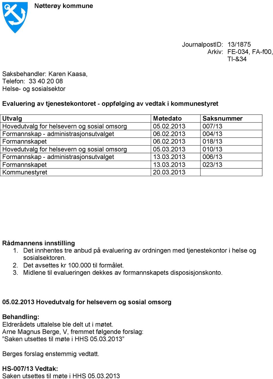 03.2013 010/13 Formannskap - administrasjonsutvalget 13.03.2013 006/13 Formannskapet 13.03.2013 023/13 Kommunestyret 20.03.2013 Rådmannens innstilling 1.