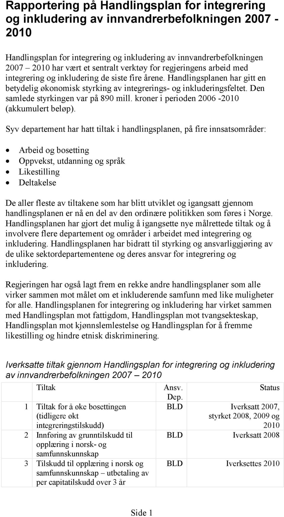 Den samlede styrkingen var på 890 mill. kroner i perioden 2006-2010 (akkumulert beløp).