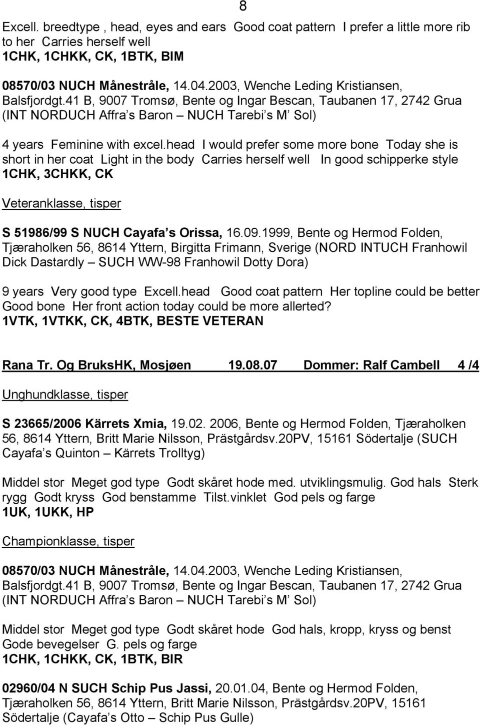 head I would prefer some more bone Today she is short in her coat Light in the body Carries herself well In good schipperke style 1CHK, 3CHKK, CK Veteranklasse, tisper S 51986/99 S NUCH Cayafa s