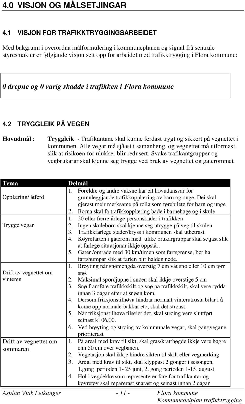 kommune: 0 drepne og 0 varig skadde i trafikken i Flora kommune 4.2 TRYGGLEIK PÅ VEGEN Hovudmål : Tryggleik - Trafikantane skal kunne ferdast trygt og sikkert på vegnettet i kommunen.