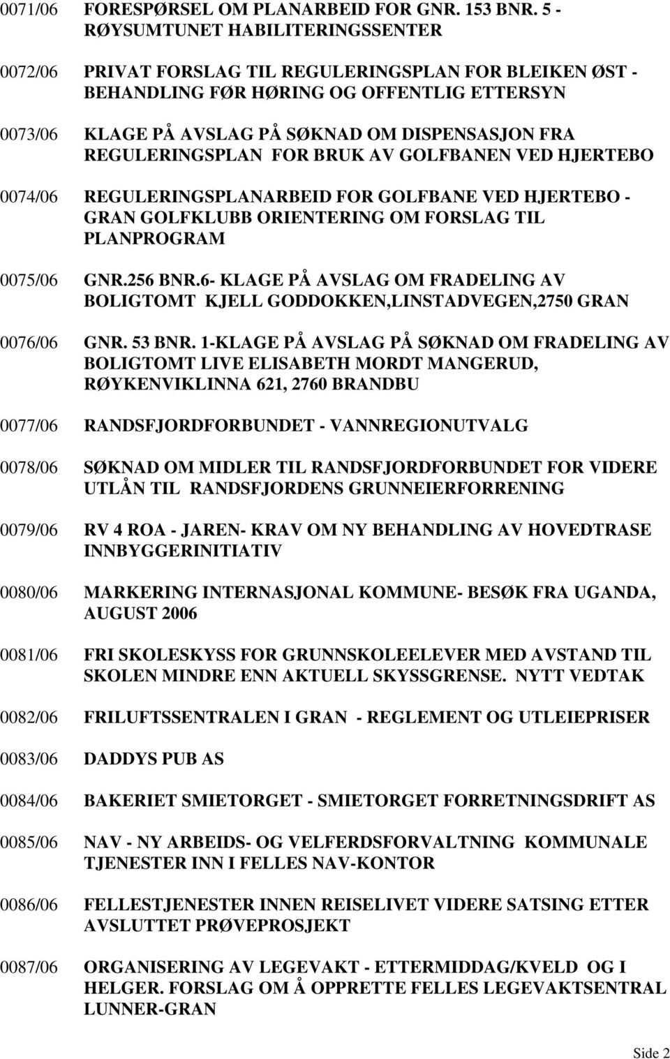 REGULERINGSPLAN FOR BRUK AV GOLFBANEN VED HJERTEBO 0074/06 REGULERINGSPLANARBEID FOR GOLFBANE VED HJERTEBO - GRAN GOLFKLUBB ORIENTERING OM FORSLAG TIL PLANPROGRAM 0075/06 GNR.256 BNR.