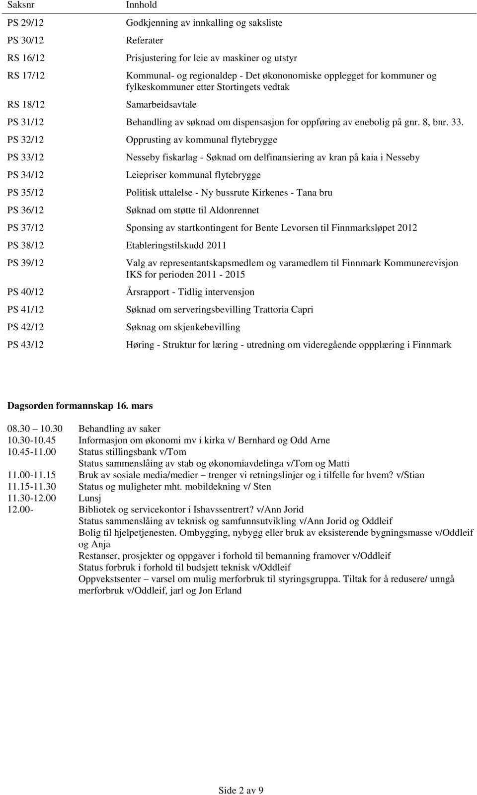 PS 32/12 PS 33/12 PS 34/12 PS 35/12 PS 36/12 Opprusting av kommunal flytebrygge Nesseby fiskarlag - Søknad om delfinansiering av kran på kaia i Nesseby Leiepriser kommunal flytebrygge Politisk