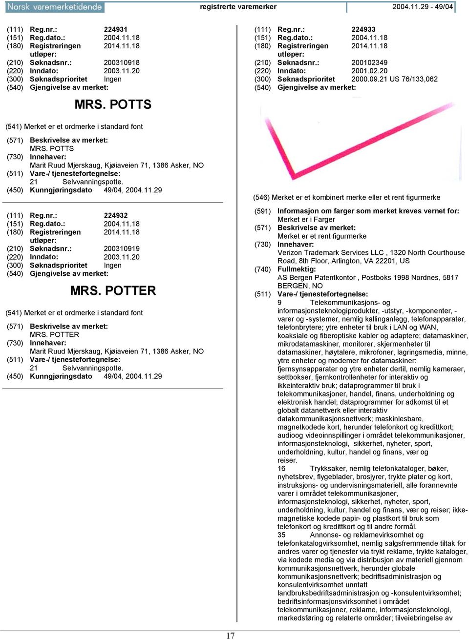 POTTS Marit Ruud Mjerskaug, Kjøiaveien 71, 1386 Asker, NO 21 Selvvanningspotte. (111) Reg.nr.: 224932 (151) Reg.dato.: 2004.11.18 (180) Registreringen 2014.11.18 (210) Søknadsnr.