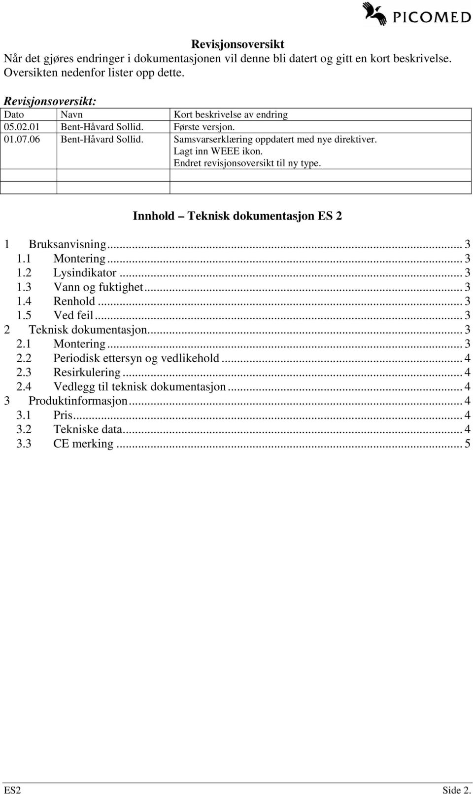 Endret revisjonsoversikt til ny type. Innhold Teknisk dokumentasjon ES 2 1 Bruksanvisning... 3 1.1 Montering... 3 1.2 Lysindikator... 3 1.3 Vann og fuktighet... 3 1.4 Renhold... 3 1.5 Ved feil.