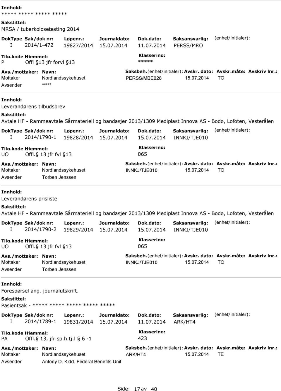 HF - Rammeavtale Sårmateriell og bandasjer 2013/1309 Mediplast nnova AS - Bodø, Lofoten, Vesterålen 2014/1790-2 19829/2014 TO nnhold: Forespørsel ang.