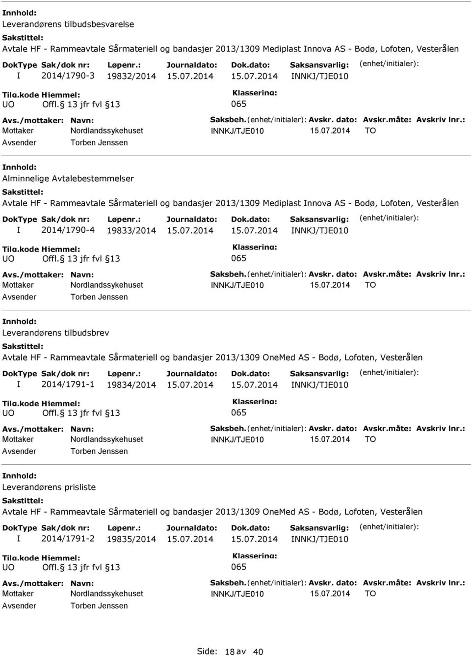 2014/1790-4 19833/2014 TO nnhold: Leverandørens tilbudsbrev Avtale HF - Rammeavtale Sårmateriell og bandasjer 2013/1309 OneMed AS - Bodø, Lofoten, Vesterålen