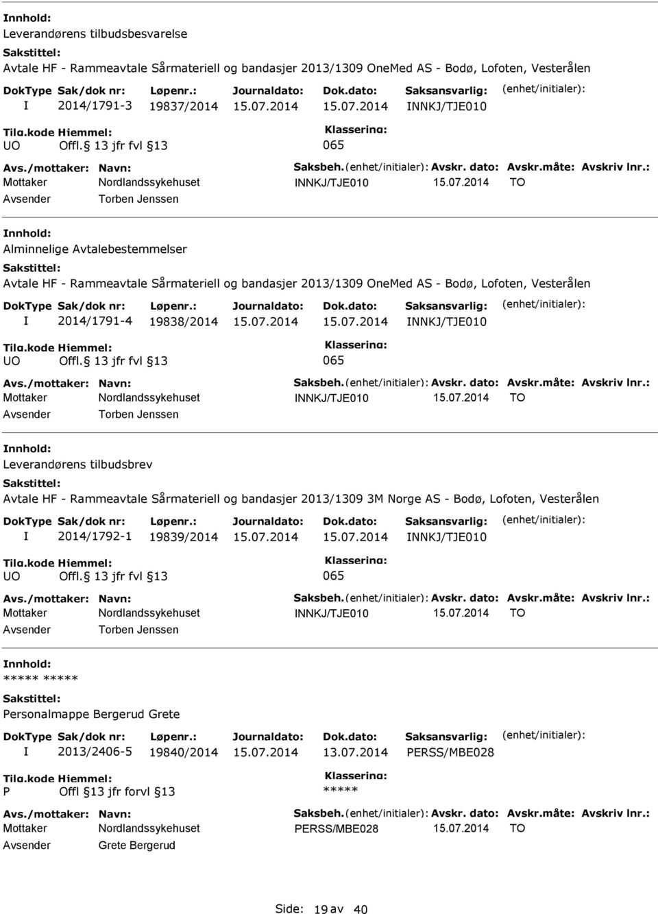 2014/1791-4 19838/2014 TO nnhold: Leverandørens tilbudsbrev Avtale HF - Rammeavtale Sårmateriell og bandasjer 2013/1309 3M Norge AS - Bodø, Lofoten,