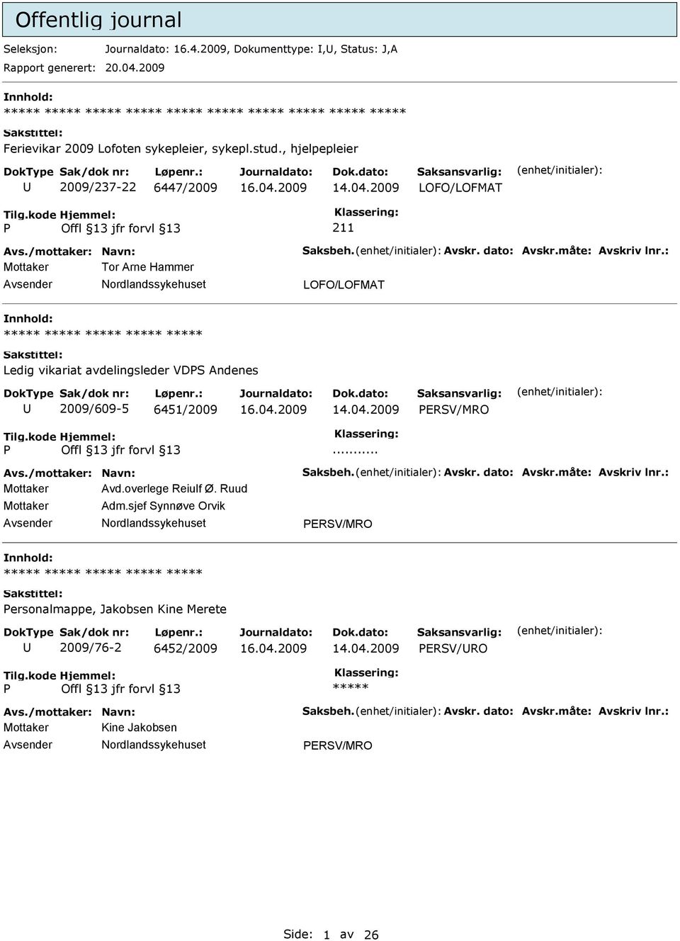 : Mottaker Tor Arne Hammer Avsender Nordlandssykehuset LOFO/LOFMAT nnhold: Ledig vikariat avdelingsleder VDS Andenes U 2009/609-5 6451/2009 ERSV/MRO... Avs./mottaker: Navn: Saksbeh. Avskr.