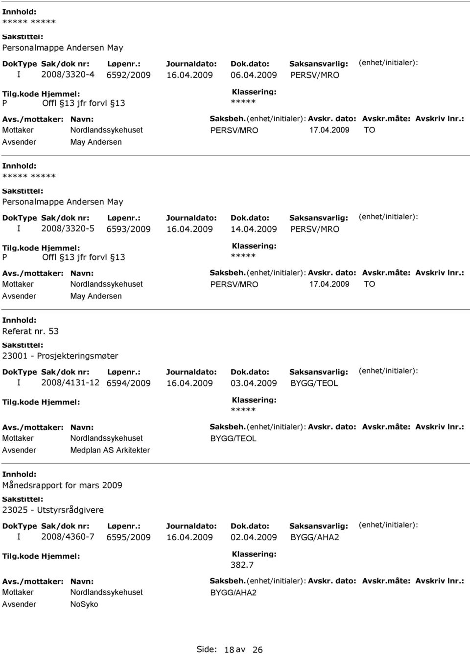 /mottaker: Navn: Saksbeh. Avskr. dato: Avskr.måte: Avskriv lnr.: BYGG/TEOL Avsender Medplan AS Arkitekter nnhold: Månedsrapport for mars 2009 23025 - Utstyrsrådgivere 2008/4360-7 6595/2009 02.04.