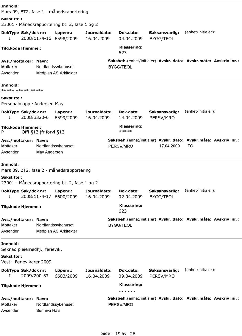 04.2009 TO Avsender May Andersen nnhold: Mars 09, BT2, fase 2 - månedsrapportering 23001 - Månedsrapportering bt. 2, fase 1 og 2 2008/1174-17 6600/2009 02.04.2009 BYGG/TEOL 623 Avs.