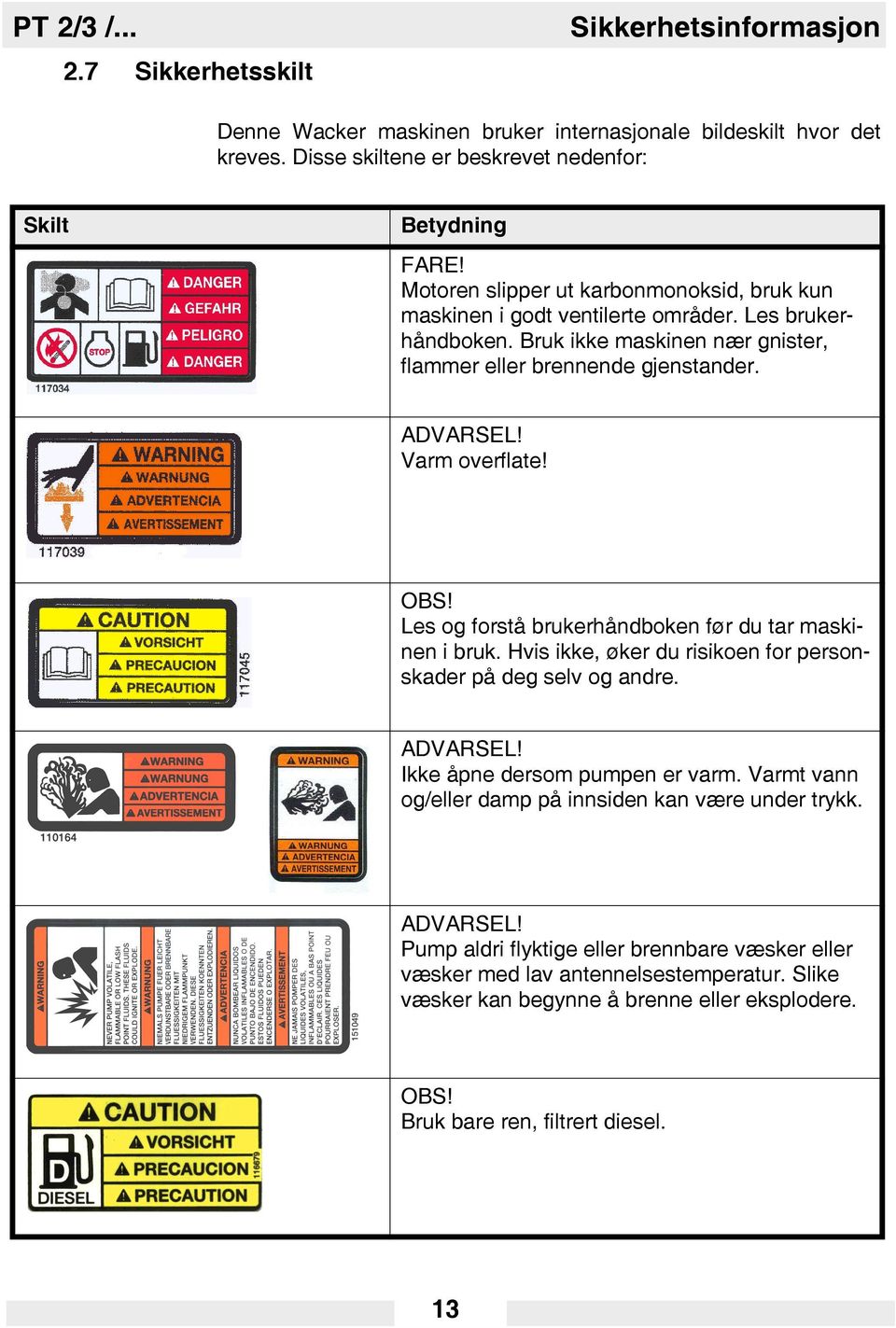 Les og forstå brukerhåndboken før du tar maskinen i bruk. Hvis ikke, øker du risikoen for personskader på deg selv og andre. ADVARSEL! Ikke åpne dersom pumpen er varm.