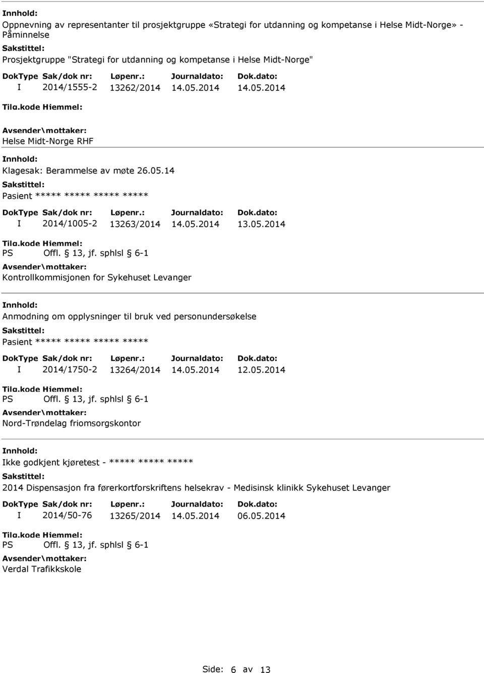 14 2014/1005-2 13263/2014 Kontrollkommisjonen for Sykehuset Levanger Anmodning om opplysninger til bruk ved personundersøkelse 2014/1750-2 13264/2014