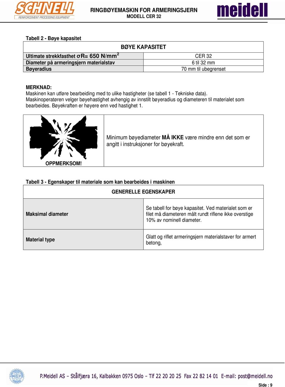 Bøyekraften er høyere enn ved hastighet 1. Minimum bøyediameter MÅ IKKE være mindre enn det som er angitt i instruksjoner for bøyekraft. OPPMERKSOM!