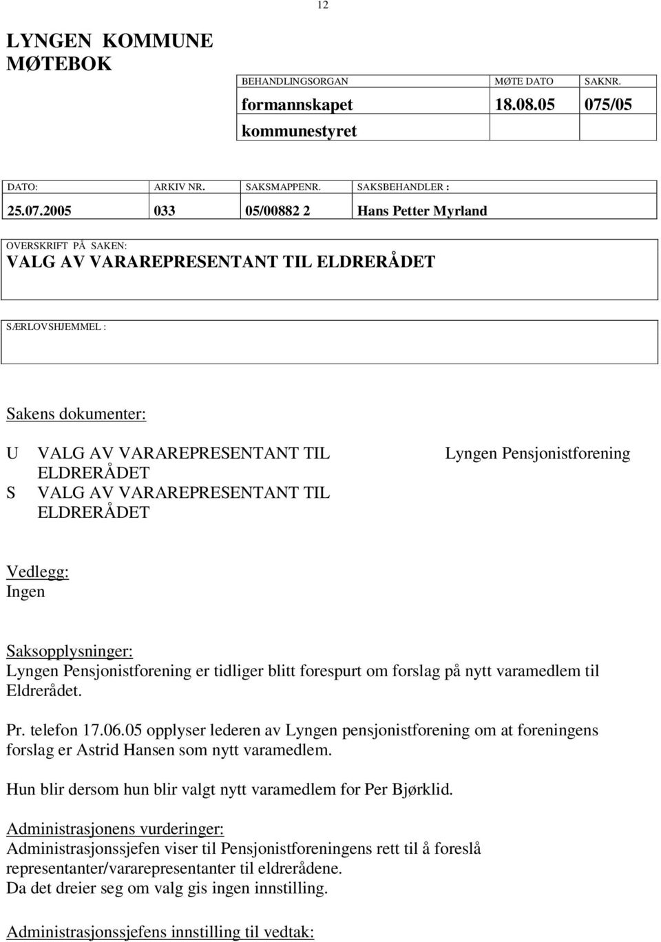 2005 033 05/00882 2 Hans Petter Myrland OVERSKRIFT PÅ SAKEN: VALG AV VARAREPRESENTANT TIL ELDRERÅDET SÆRLOVSHJEMMEL : Sakens dokumenter: U S VALG AV VARAREPRESENTANT TIL ELDRERÅDET VALG AV