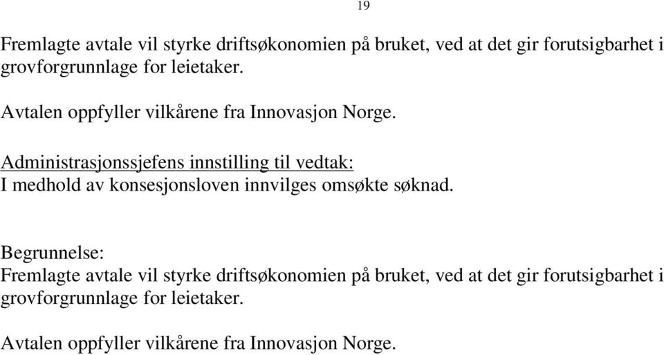 Administrasjonssjefens innstilling til I medhold av konsesjonsloven innvilges omsøkte søknad.