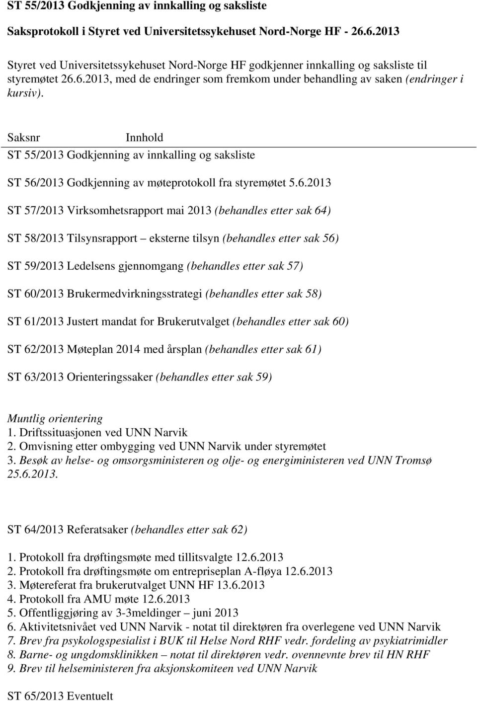 Saksnr Innhold ST 55/2013 Godkjenning av innkalling og saksliste ST 56/