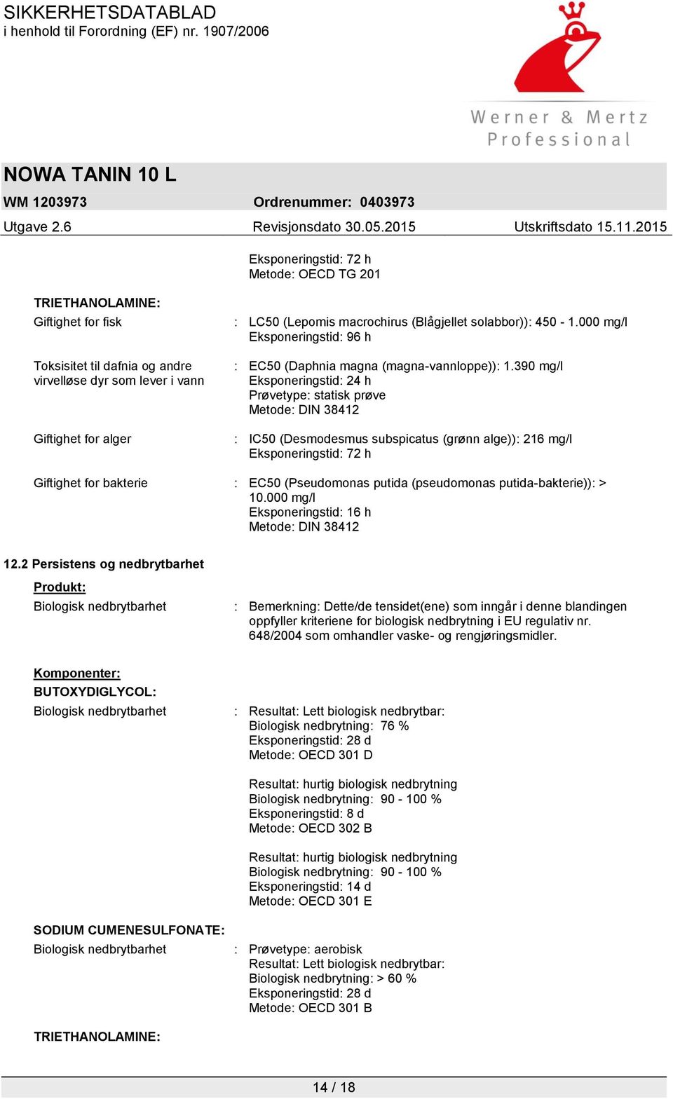 390 mg/l Eksponeringstid: 24 h Prøvetype: statisk prøve Metode: DIN 38412 : IC50 (Desmodesmus subspicatus (grønn alge)): 216 mg/l Eksponeringstid: 72 h Giftighet for bakterie : EC50 (Pseudomonas