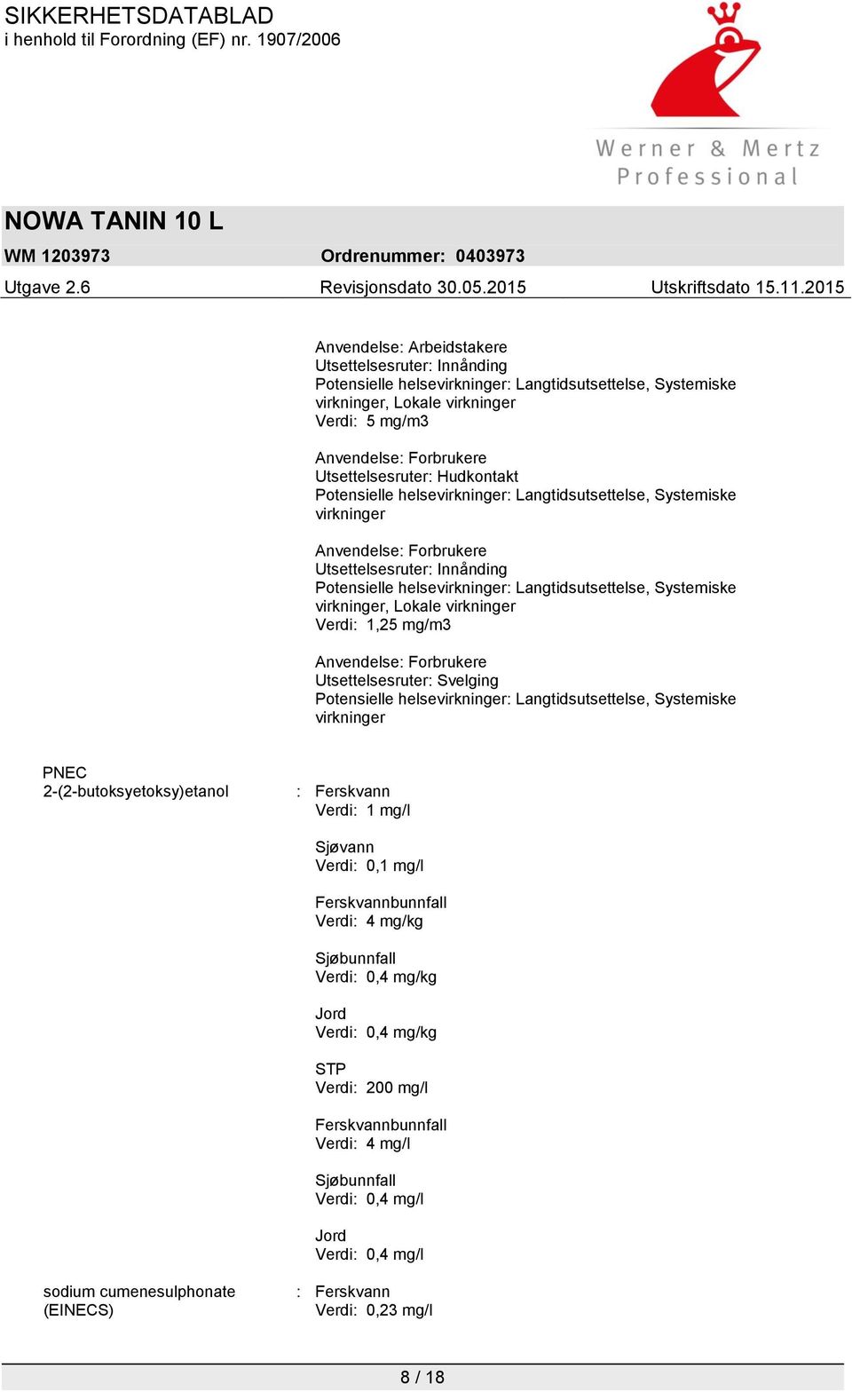 Verdi: 0,1 mg/l Ferskvannbunnfall Verdi: 4 mg/kg Sjøbunnfall Verdi: 0,4 mg/kg Jord Verdi: 0,4 mg/kg STP Verdi: 200 mg/l