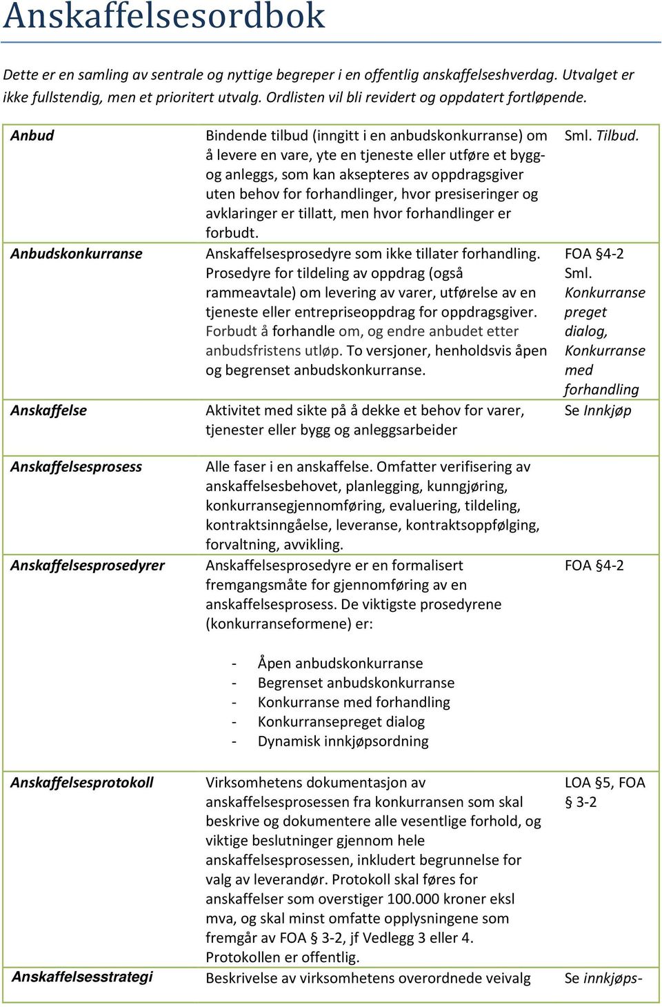 Anbud Anbudskonkurranse Anskaffelse Anskaffelsesprosess Anskaffelsesprosedyrer Bindende tilbud (inngitt i en anbudskonkurranse) om å levere en vare, yte en tjeneste eller utføre et byggog anleggs,