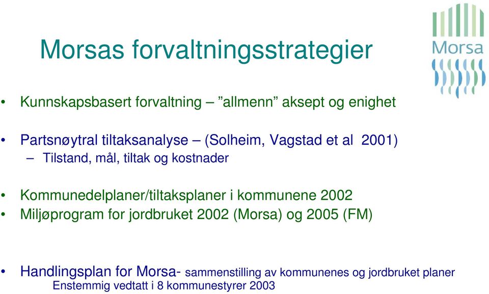 Kommunedelplaner/tiltaksplaner i kommunene 2002 Miljøprogram for jordbruket 2002 (Morsa) og 2005