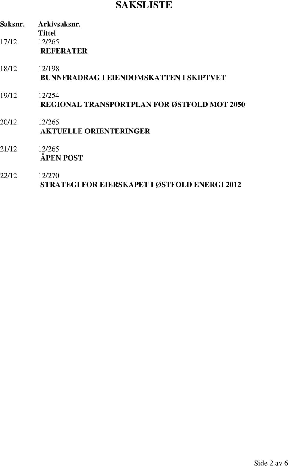 SKIPTVET 19/12 12/254 REGIONAL TRANSPORTPLAN FOR ØSTFOLD MOT 2050 20/12