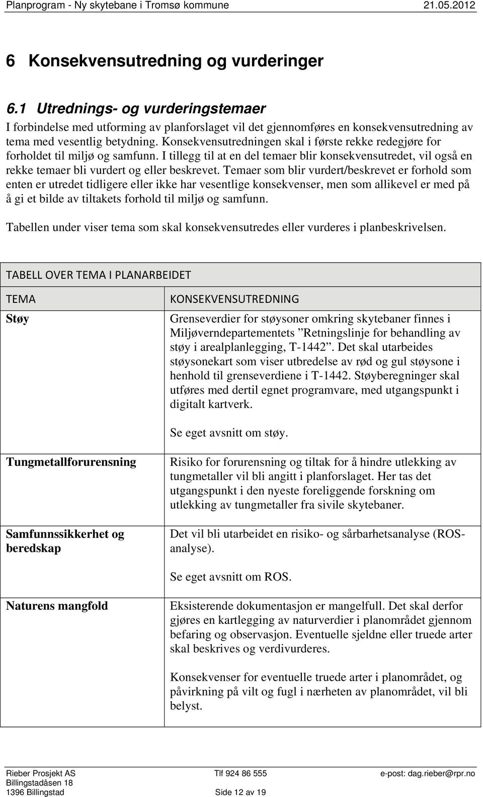 Temaer som blir vurdert/beskrevet er forhold som enten er utredet tidligere eller ikke har vesentlige konsekvenser, men som allikevel er med på å gi et bilde av tiltakets forhold til miljø og samfunn.